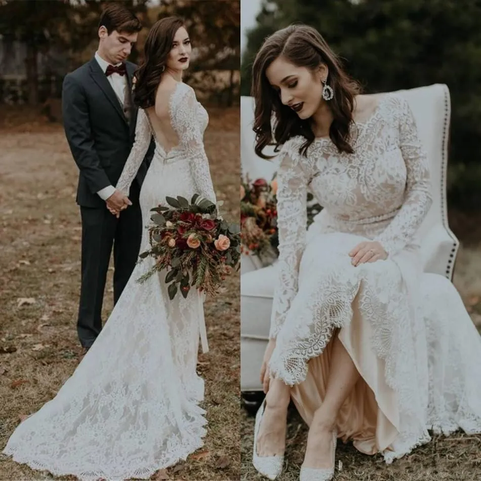 Robe de Mariage Lace Boho 웨딩 드레스 겸손한 긴 소매 바투 네크 라인 오픈 백운드 보헤미안 신부 웨딩 드레스