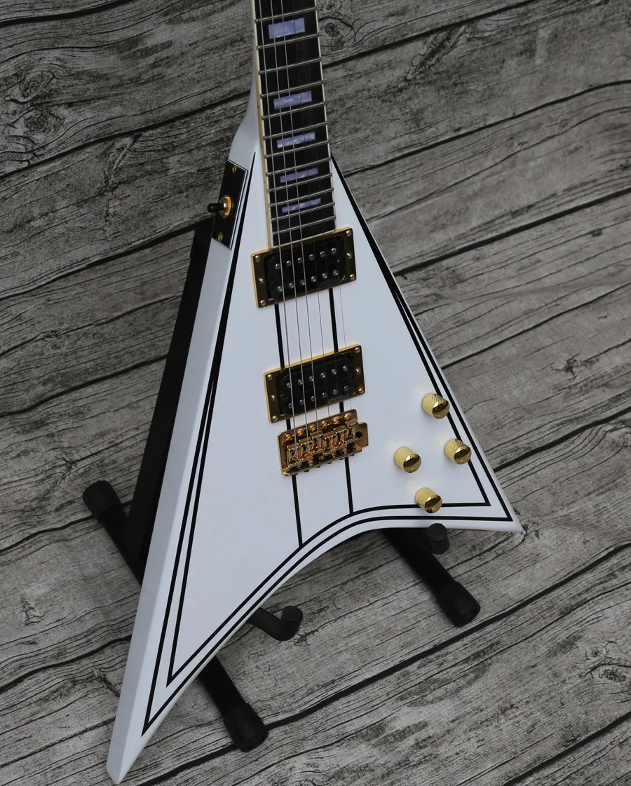 Rare exclusif Randy Rhoads RR 1 Black Pinstripe White Flying V Guitare électrique Gold Hardware, Block MOP Inlay, Tremolo Cordier