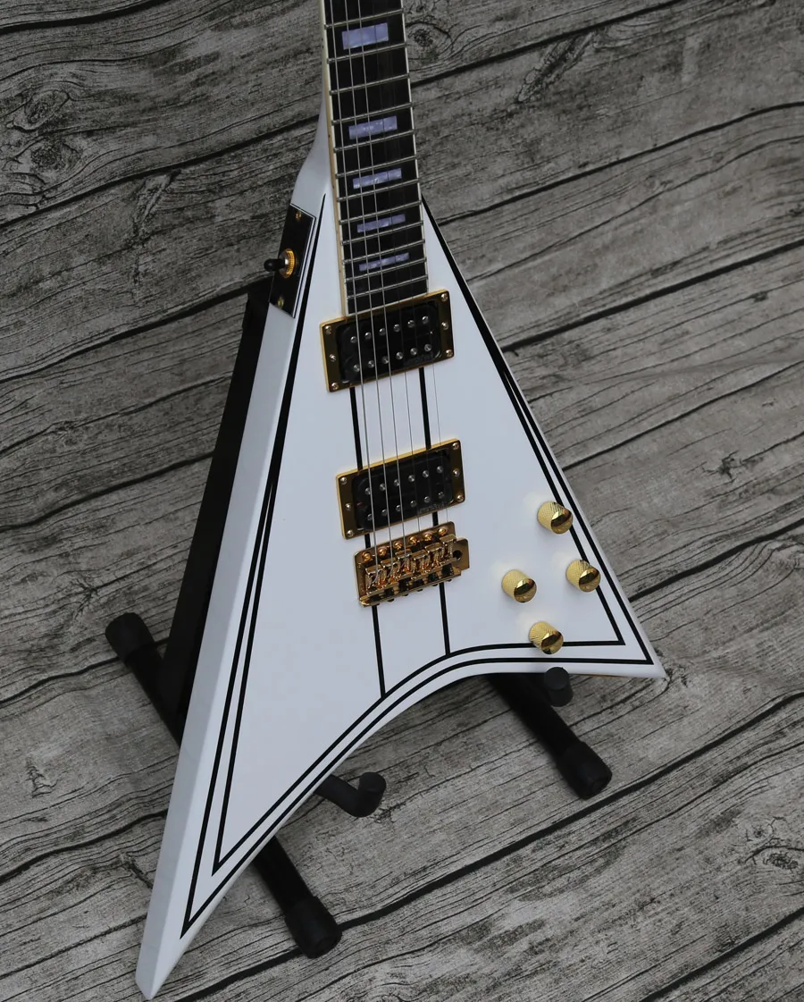 Flying V Electric Guitar: White with Gold Hardware, Pinstripes