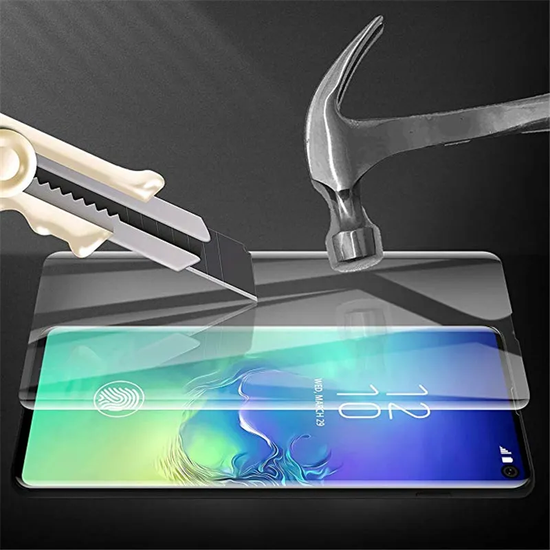 Samsung S22 S21 S21 S21 S21 S9 Plus S8の紫外線が付いている完全な接着性の症状のある3D湾曲したスクリーンプロテクター強化ガラス注20 10 9 8および小売パッケージ