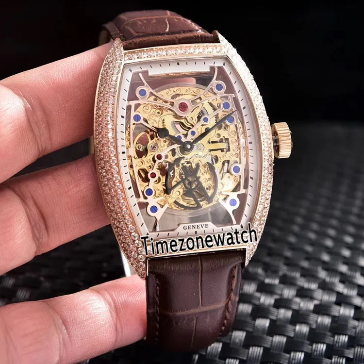 Nya Mäns Samling Cintree Curvex 8880 B S6 SQT D Transparent Skelett Guld Ring Automatisk Mens Klocka Rose Gold Case Diamond Bezel Läder