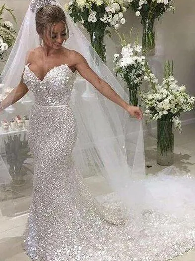 Gnista vit sequin applique strapless sexiga sjöjungfru bröllopsklänningar tåg lyxiga paillette spets bröllop brudklänningar vestidos de novia