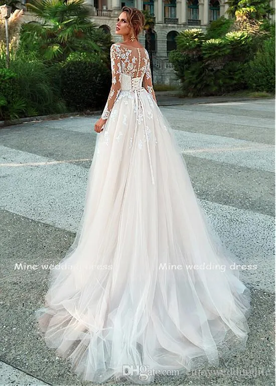 Illusion Lace Wedding Dress A-Line Bridal Gown with Bow Belt and Long Sleeves Illusion Lace Wedding Dress A-Line Bridal Gown with Bow Belt and Long Sleeves