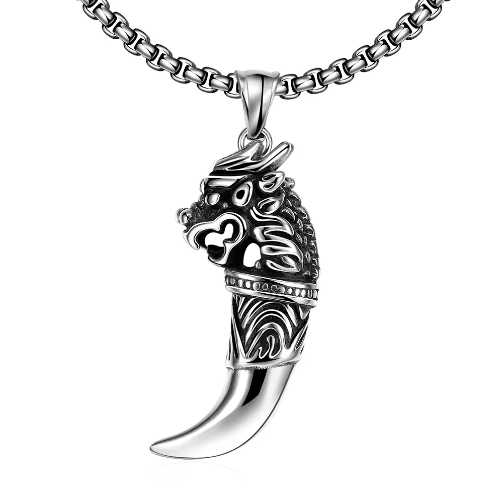 Ancient Maya Wolf Tooth Pendant Necklace Gun Black Plated Stainless Steel Punk Personality Designer Jewelry For Men Women Necklace Gifts