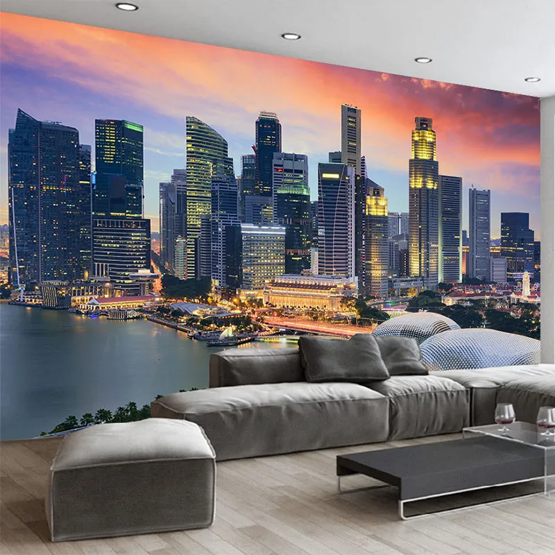 Beställnings- foto tapet 3d Singapore City Building Night View Väggmålning Modern Kreativ fresco