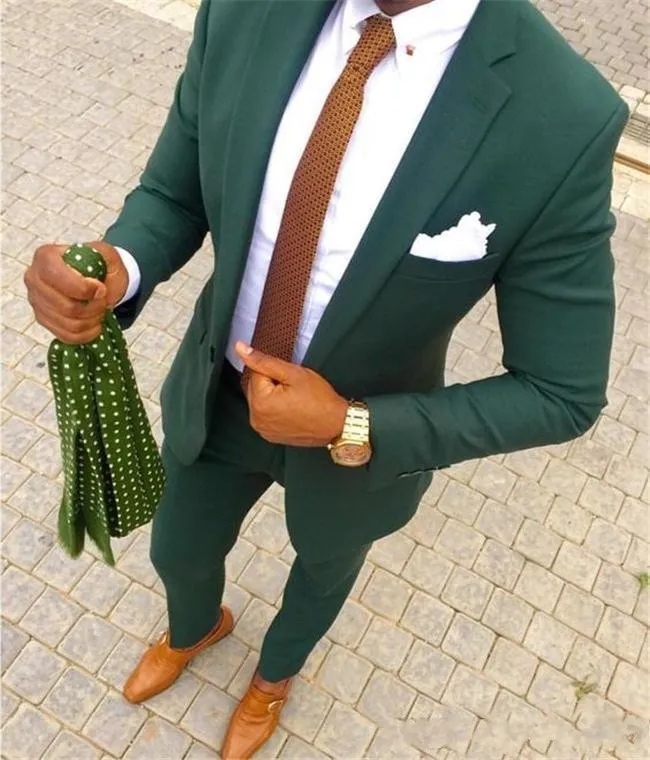 Dark Green Mens Prom Tuxedos Suits Two Piece Groom Tuxedos Notched Lapel Trim Fit Men Party Suit Custom Made Groomsmen Suits (Jacket+Pants)