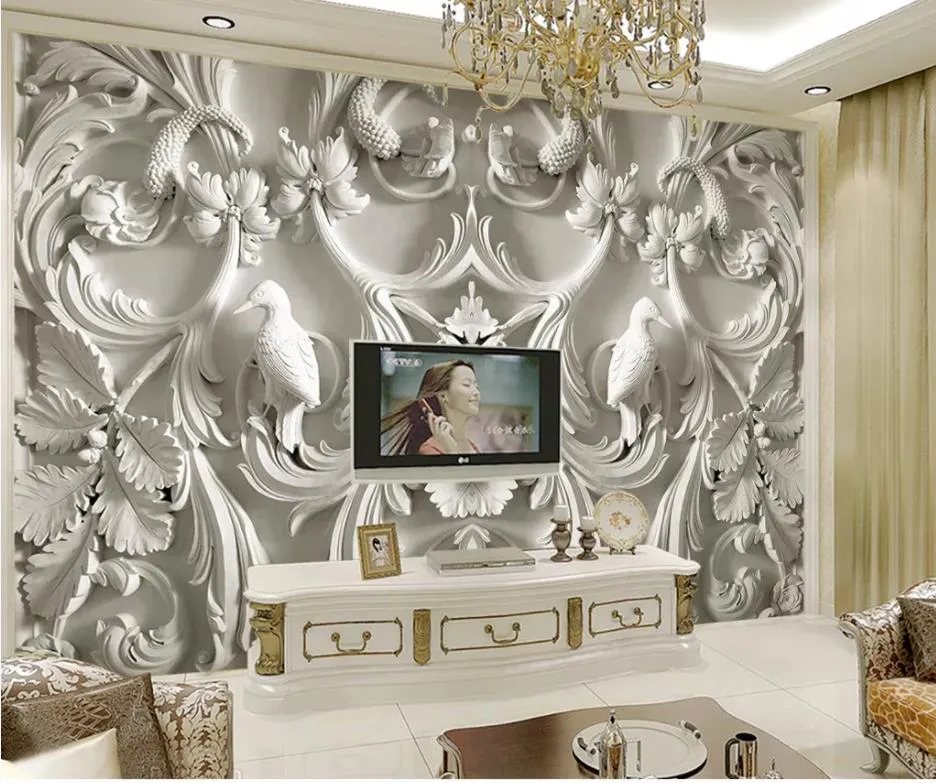 Papier peint moderne pour le salon Classique blanc simple européen en relief 3D stéréo TV fond peinture murale