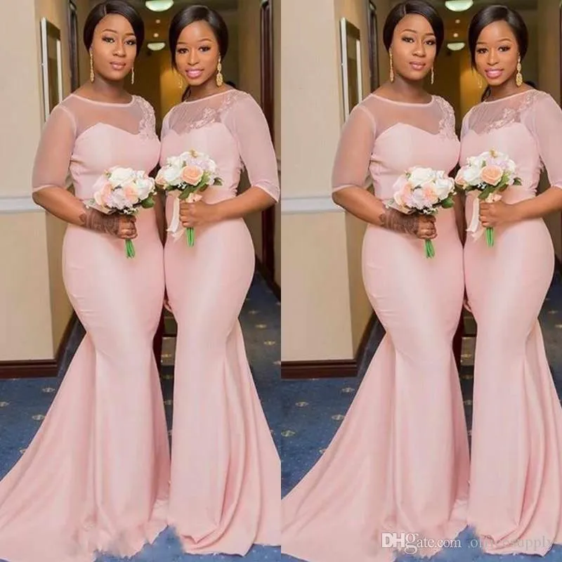 Nigerian African Light Pink Appliques Bridesmaid Dresses Long Tulle Illusion Half Sleeve Scoop Neck Wedding Guest Dress Elegant Prom Gowns