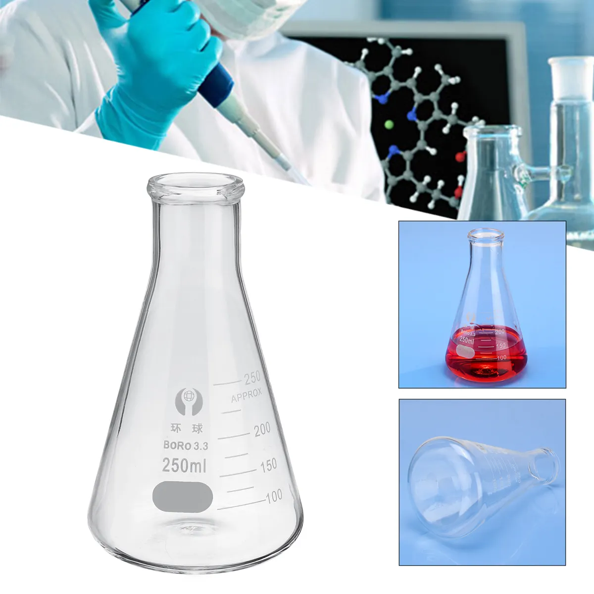 : 50ml, 100ml, 250ml Conical Erlenmeyer Flask - Borosilicate Glass ...