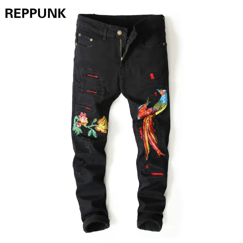 Fashion Skinny Black Jeans Destroyed Men Patchwork Broken Pencil Pants for Male Hip Hop Embroidered Phoenix Flowers Boy Trousers