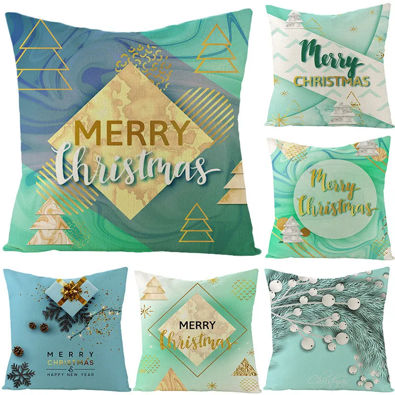 Flax Merry Christmas Pillowcase Blue Christmas Linen Pillow Case Happy New Year Xmas Pillow Cover 45*45cm