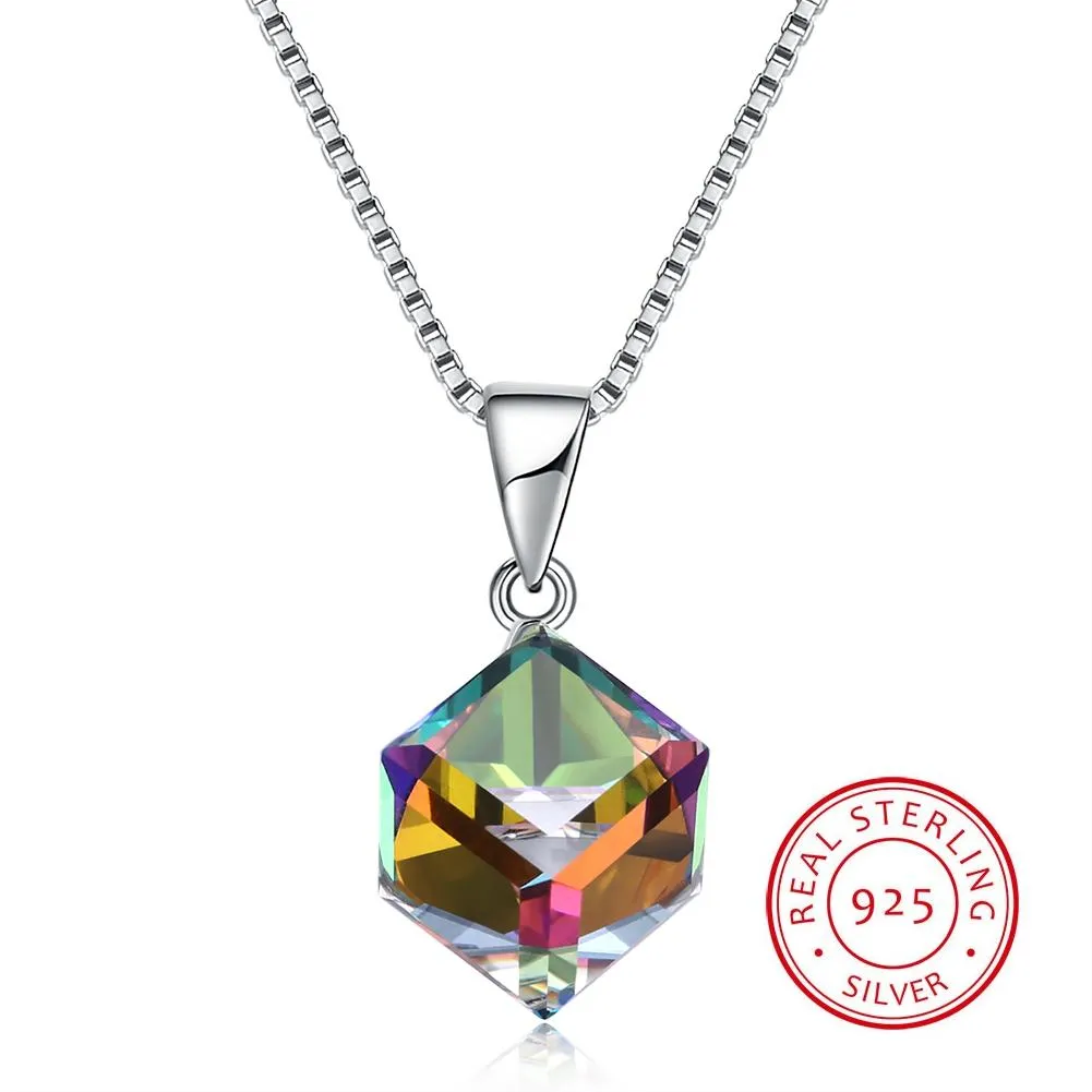 Crystals From Swarovski Element Jewelry Cube Pendant Necklace Simple Trendy Collars S925 Sterling Silver Fine Jewelry For Women Girls Gift