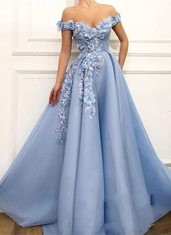 Sexy Light Sky Blue Prom Dresses Off Shoulder Lace Appliques Hade Made Flowers Beaded Open Back A Line Formal Party Dress Evening Gowns