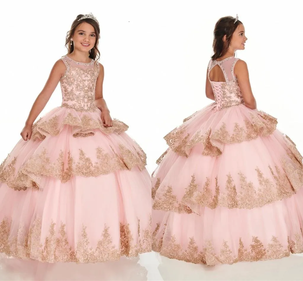 princess flower dress with Gold Applique, Tiered Skirt, Tulle Fabric, Beaded Crystals, Jewel Neckline, Sleeveless - Perfect for Pageants and Balls in