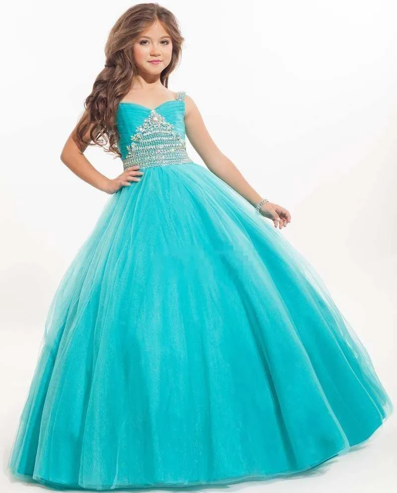 New Mint Turquoise Girls Pageant Abiti Sweetheart Perline di cristallo Abito da ballo Lungo Sweep Train Kids Girls Dress Abiti da comunione di compleanno