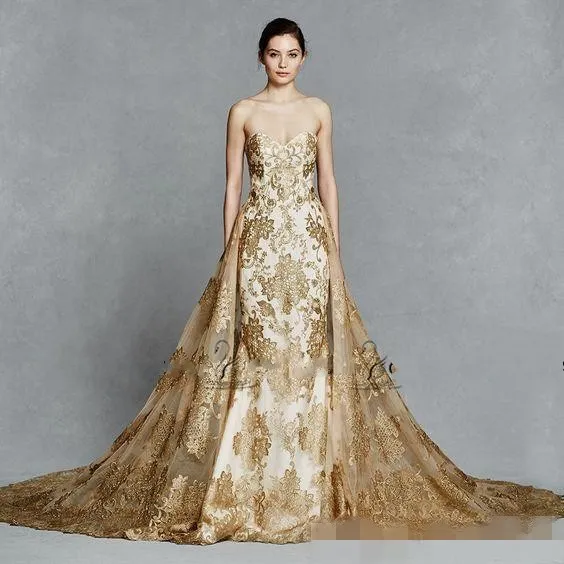 Faetanini Gold Lace Applique Royal Wedding Gold Wedding dr with Detachable Train and Sweetheart Backl - 2019 Collecti Faetanini Gold Lace Applique Royal Wedding Gold Wedding dr with Detachable Train and Sweetheart Backl - 2019 Collecti