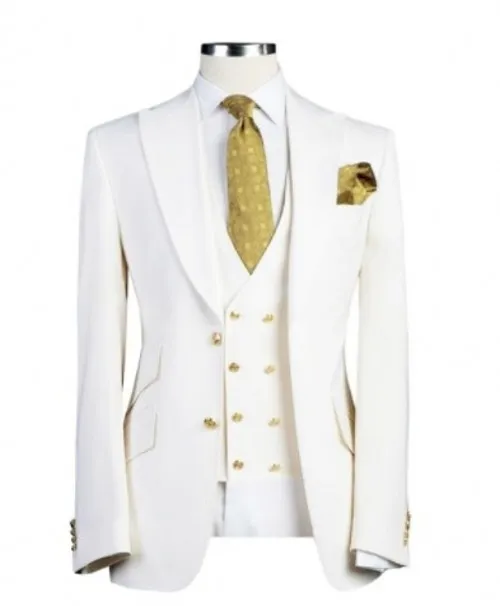 Latest Design Two Buttons Ivory Wedding Men Suits Peak Lapel Three Pieces Business Groom Tuxedos (Jacket+Pants+Vest+Tie) W1112