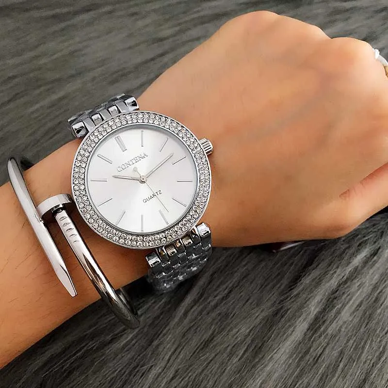 CONTENA Moda Silver Watch Kobiety Zegarki Diamond Bransoletka Zegarek Damski Zegarki Panie Zegar