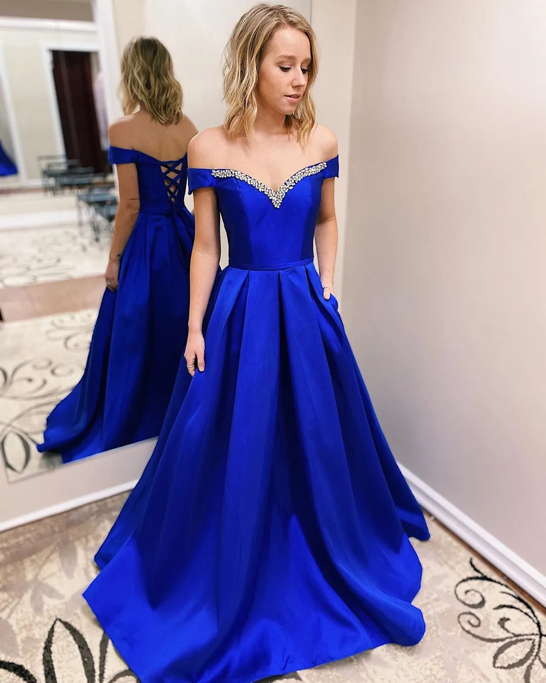 Royal blue prom hot sale dress with pockets