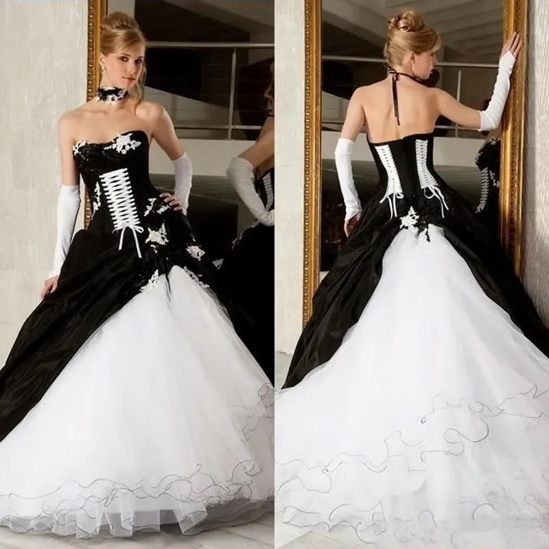 Vitoriano Preto E Branco Gótico Vestidos de Noiva Espartilho Top masquerade vestido de baile vestidos de casamento do país Com Apliques 2019 robe de mariée