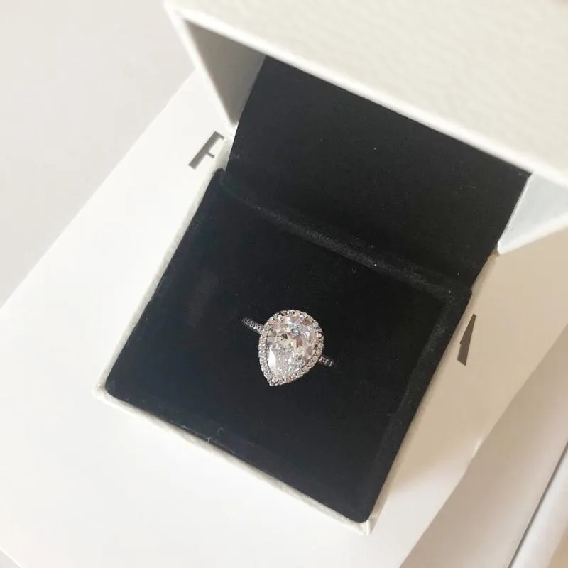 NYHET 925 Sterling Silver CZ Diamond Tear drop vigselringset Originalbox för Pandora Water Drop Ringar för kvinnor Flickor Presentsmycken