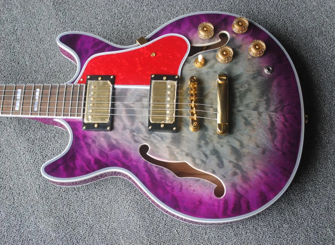 Custom 1959 339 Semi Hollow Body Purple Grey Jazz Electric Guitar Double F Holes, Quilted Maple Top & Back, Gold Grover Tuner, Red Pickguard