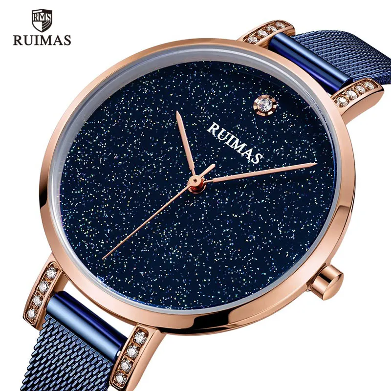 Ruimas Simple robe analogique montres pour femmes en acier inoxydable bracelet en maille montres à Quartz dame Watch2461