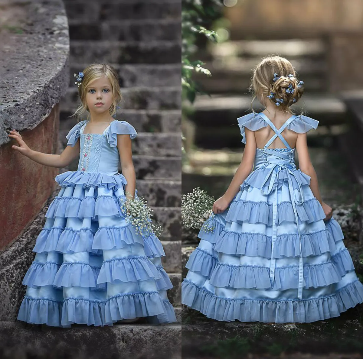 2020 Bohemian 꽃 소녀 웨딩 레이스에 대 한 드레스 Appliqued tiered skirts 작은 여자 미인 드레스 케이크 첫 번째 거룩한 친교 가운