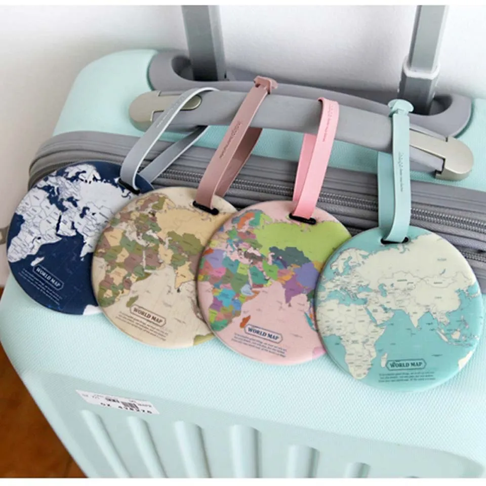 Acessórios de viagem 50pcs Tag da bagagem criativa Casual Mapa Silica Gel Suitcase Id Endereço Baggage Tag Board Etiqueta portátil