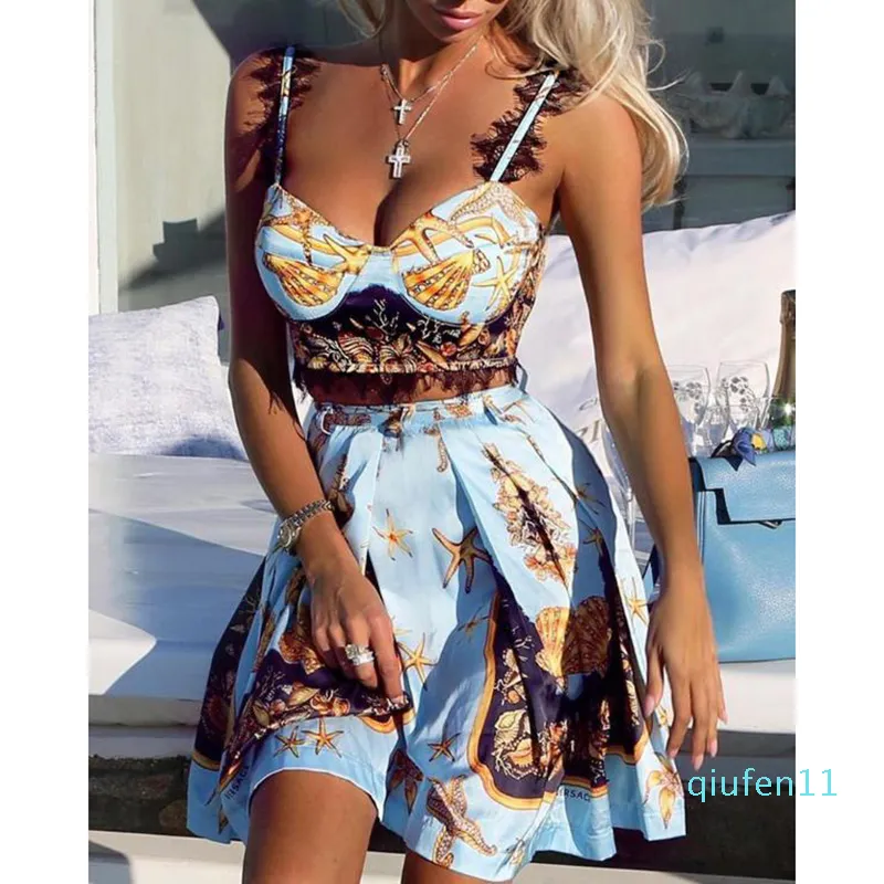 Hot Sale-Two Piece Set Kvinnor Ärmlös Lace Insert Skriv ut Cami Top Pläterad Kjol Set Sommar 2019 Fashion Casual Outfits 2 Piece Passits