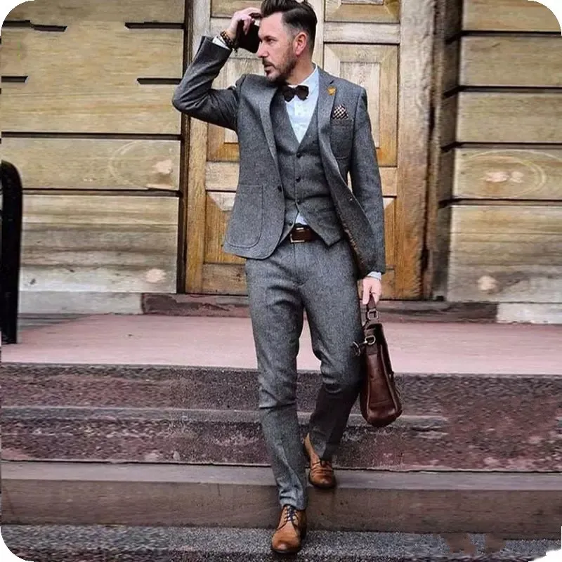 Autumn Winter Popular Grey Tweed Groom Tuxedos Notch Lapel Two Button Fashion Men Wedding Dress Men 3 Piece Suit(Jacket+Pants+Tie+Vest) 997