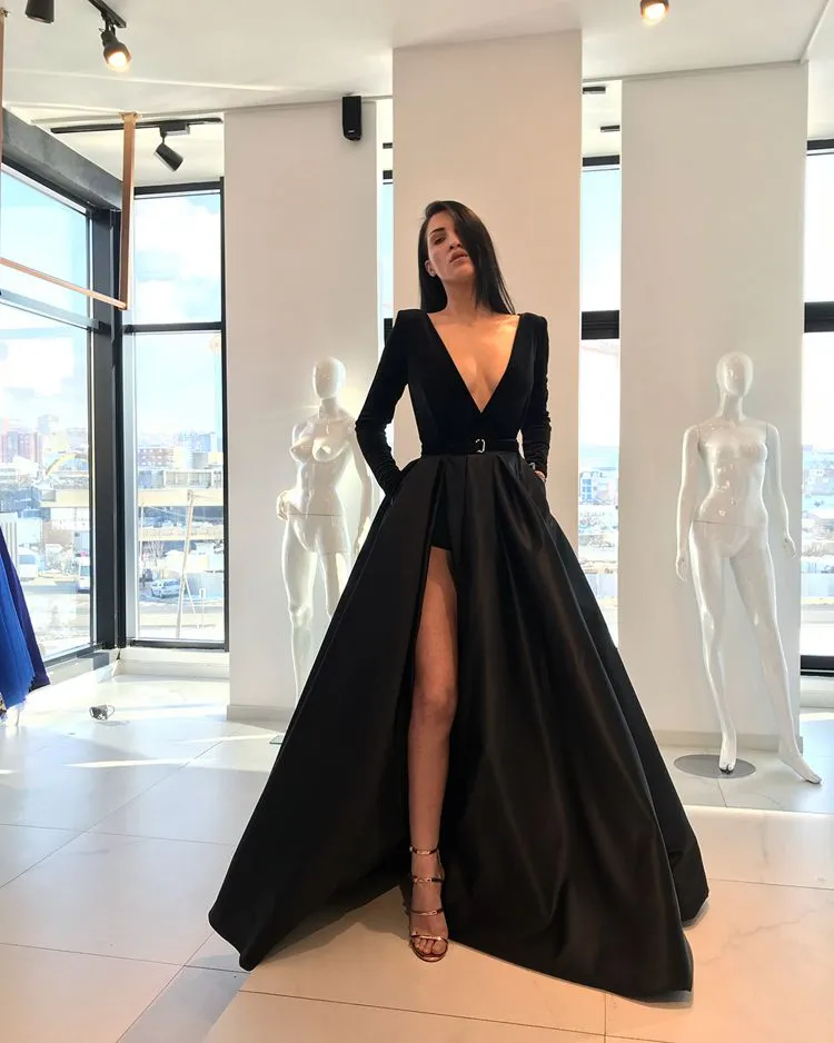 Muslimische schwarze Luxus-Abendkleider mit Seitenschlitz, lang, 2019, V-Ausschnitt, Linie, lange Ärmel, sexy, islamisches Dubai, Saudi-Arabien, langes Abendkleid, Ballkleid