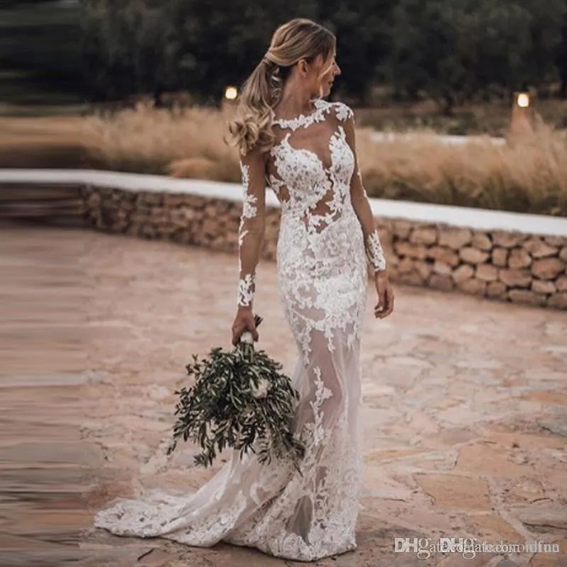 fitted lace wedding dress Plunging V-Neck Allover Lace Bohemian Wedding Dress with Sleeves Champagne / 16