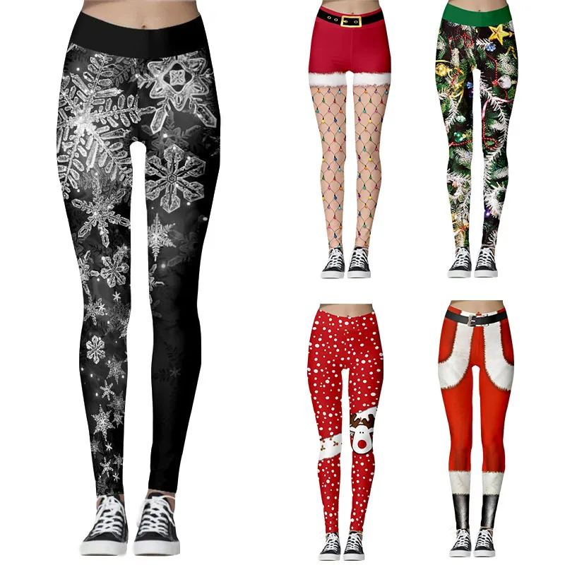 Christmas Skinny Christmas Running Leggings For Women Snowflake, Santa