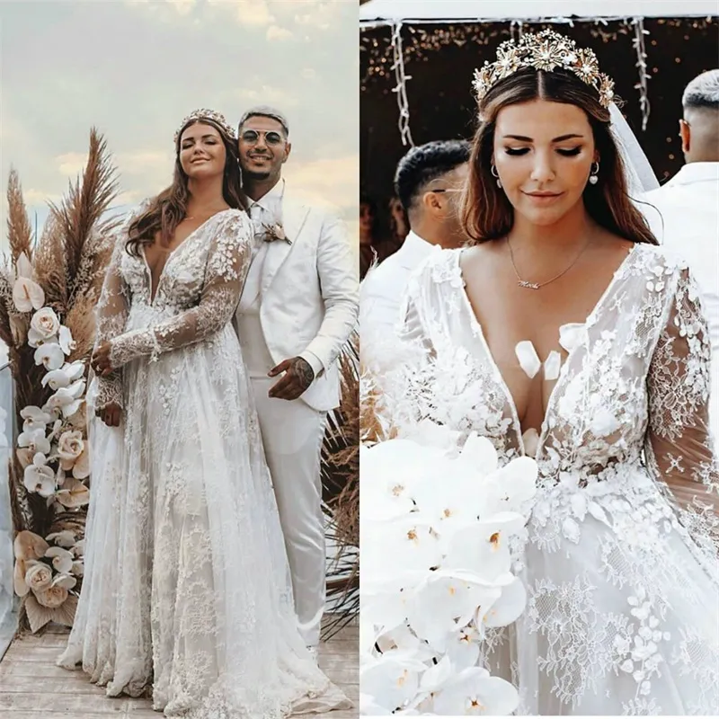حجم كبير فساتين زفاف خط عالية الخامس الرقبة طويلة الأكمام الدانتيل الكامل تول فساتين الزفاف سويب تراين بوهو Vestidos De Novia
