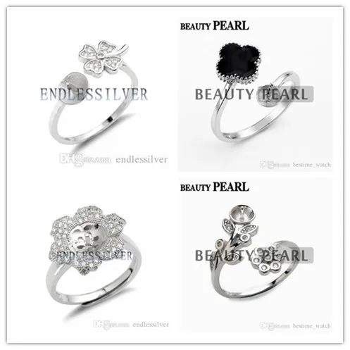 HOPEARL Jewelry Ring زهرة أو البرسيم ليف تصميم 925 فضة بيرل نصف جبل الطوق DIY إعدادات