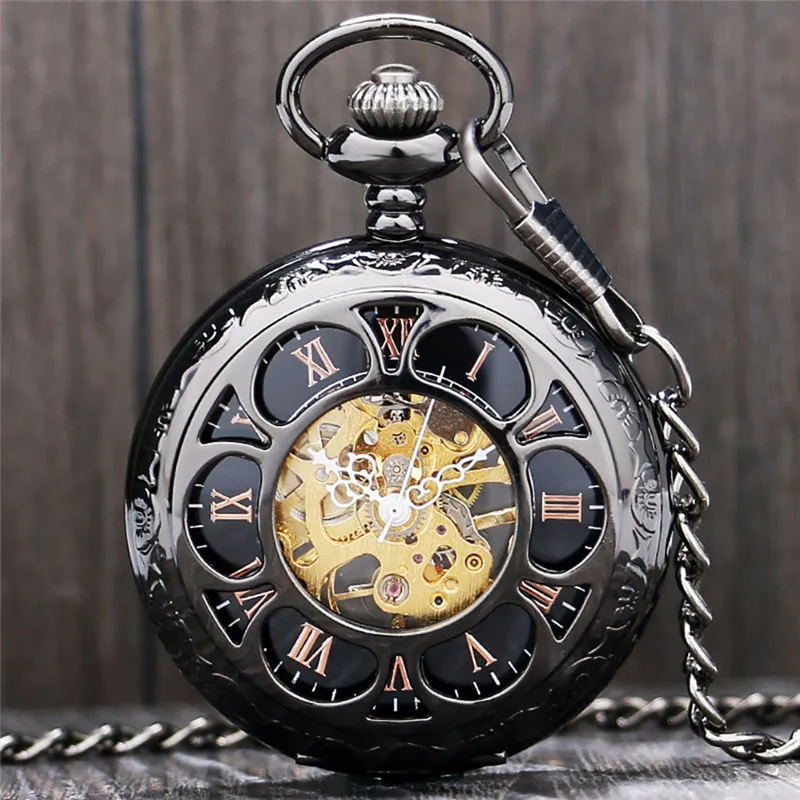 Steampunk Noir Mécanique Remontage Manuel Montre De Poche Évider Fleur Couverture Hommes Femmes Horloge Montre avec Pendentif Chaîne Collection