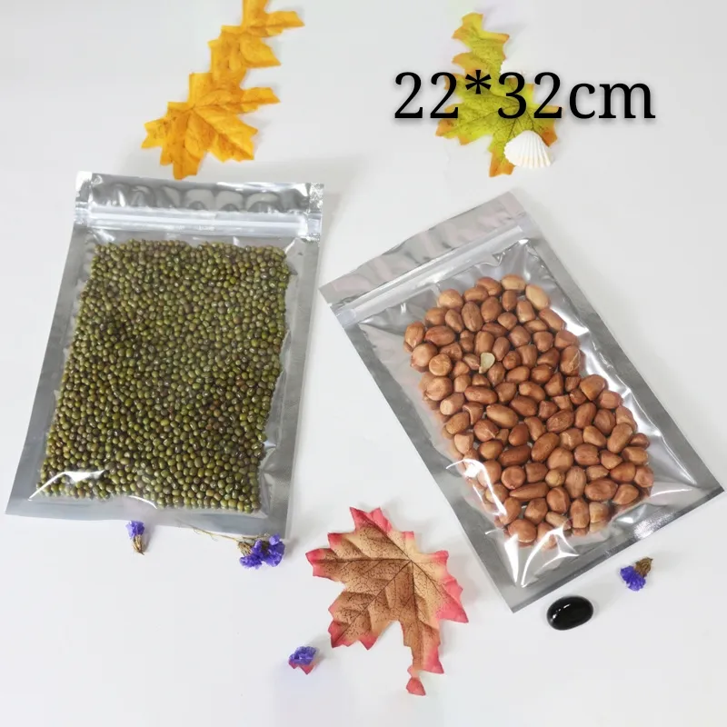 22 * 32cm 재사용 가능한 100pcs 큰 크기 포장 가방 투명하고 실버 Zip 잠금 패키지 파우치 음식 저장 프론트 포장 주머니 곡물 가방