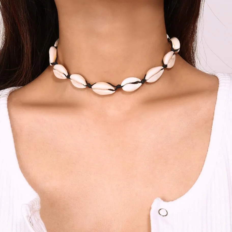 Collana girocollo con colletto a conchiglia fai-da-te Shellhard Boho Corda nera Collane con ciondolo a forma di conchiglia Hawaii Spiaggia estiva per donna Uomo Gioielli Gft