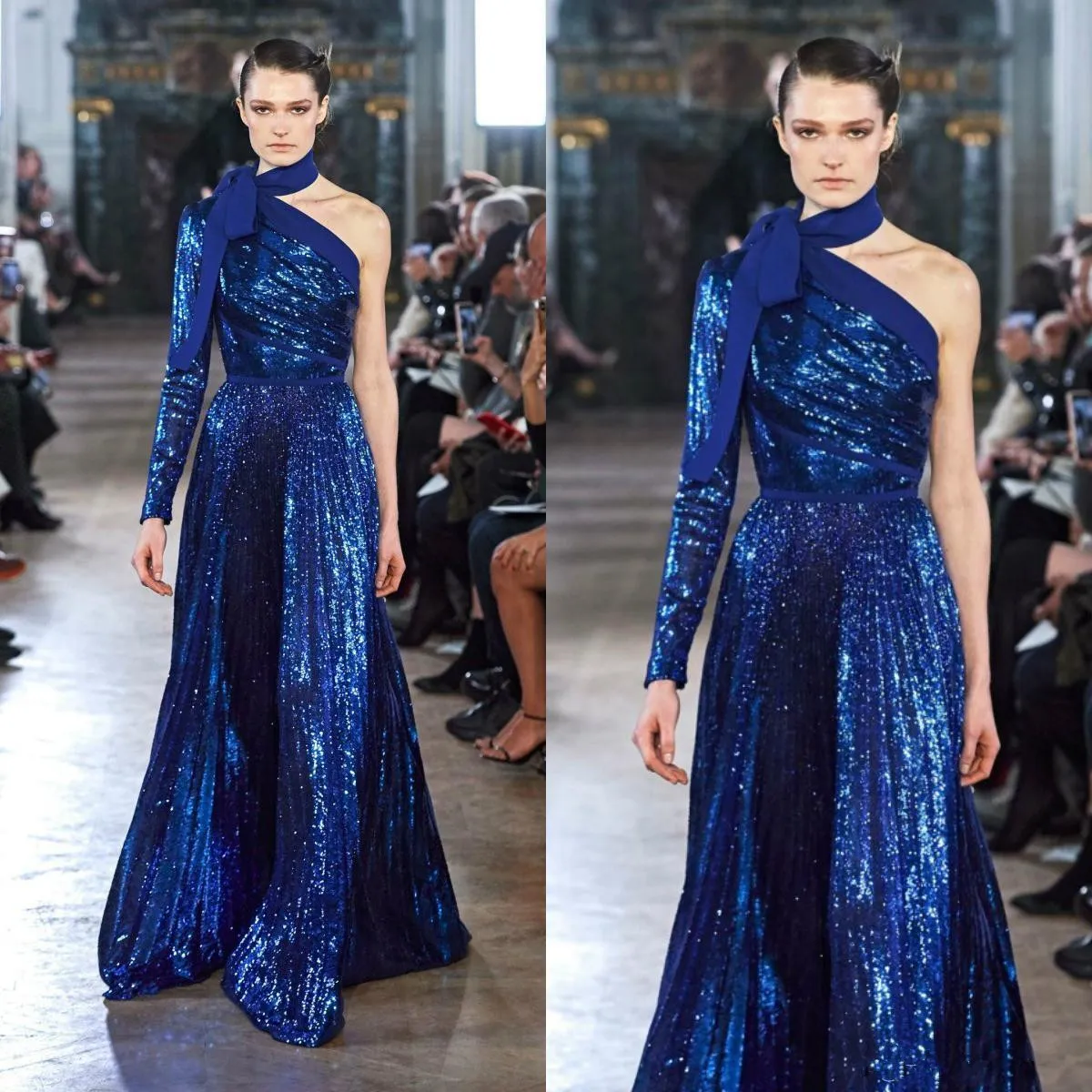 Sparkly Długie Rękawy Suknie Wieczorowe 2020 Elie Saab One Ramię Cekiną Plus Size Prom Gowns Party Dress Rates de Soirée