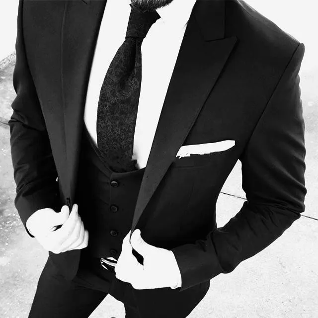 Nuevo A Estrenar Un Botón Negro Novio de Boda Esmoquin Peak Lapel Groomsmen Hombres Trajes Prom Chaqueta (Chaqueta Pantalones Chaleco Corbata) 087