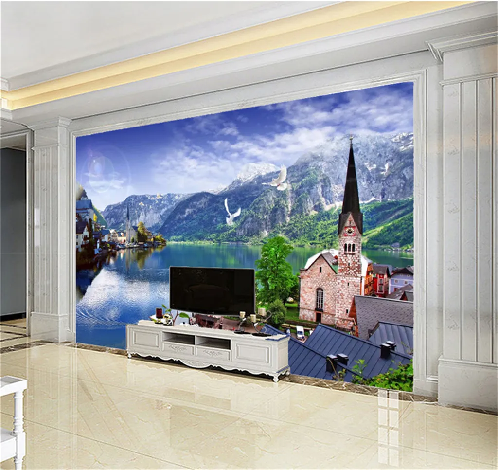 العرف صور خلفيات 3d المياه الجميلة تاون مشهد غرفة المعيشة التلفزيون خلفية ملزمة جدار اللوحة خلفيات