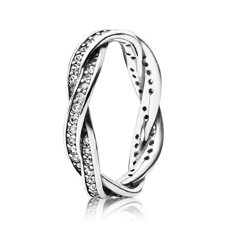 Kvinnors 925 Sterling Silver CZ Diamond RING Set Original Box för Pandora Luxury Fashion slingrande Bröllopspresentring