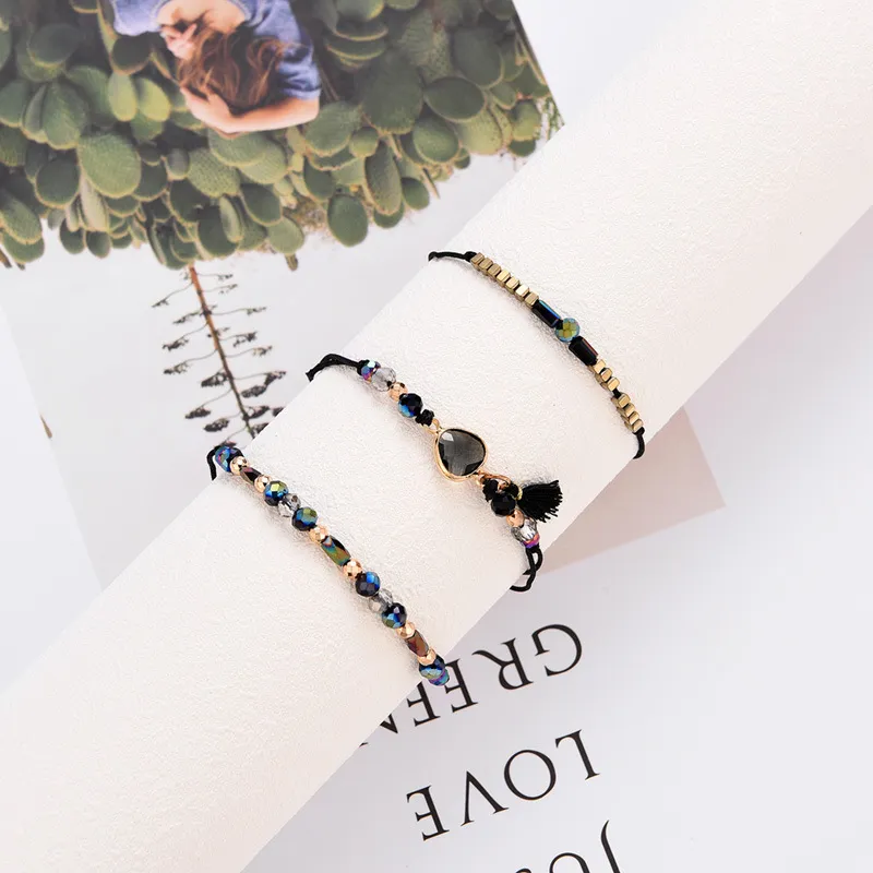 Luxo artesanal estilo boêmio mulheres ajustáveis ​​pulseira de cordão preto pequeno bonito braceletes de pedra natural 3pcs / set
