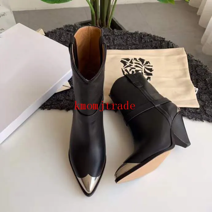 Original Box Paris Runway Isabel Genuine Leather Marant Women Black Lamsy Boots Runway Show Steeltoe Metal Ornament Catwalk Strap2368637