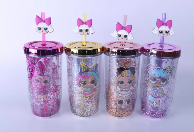 La dernière série de poupées de couleurs mélangées Drinkware avec pailles, gobelets solides à paillettes, gobelet en plastique double couche, personnalisation du support