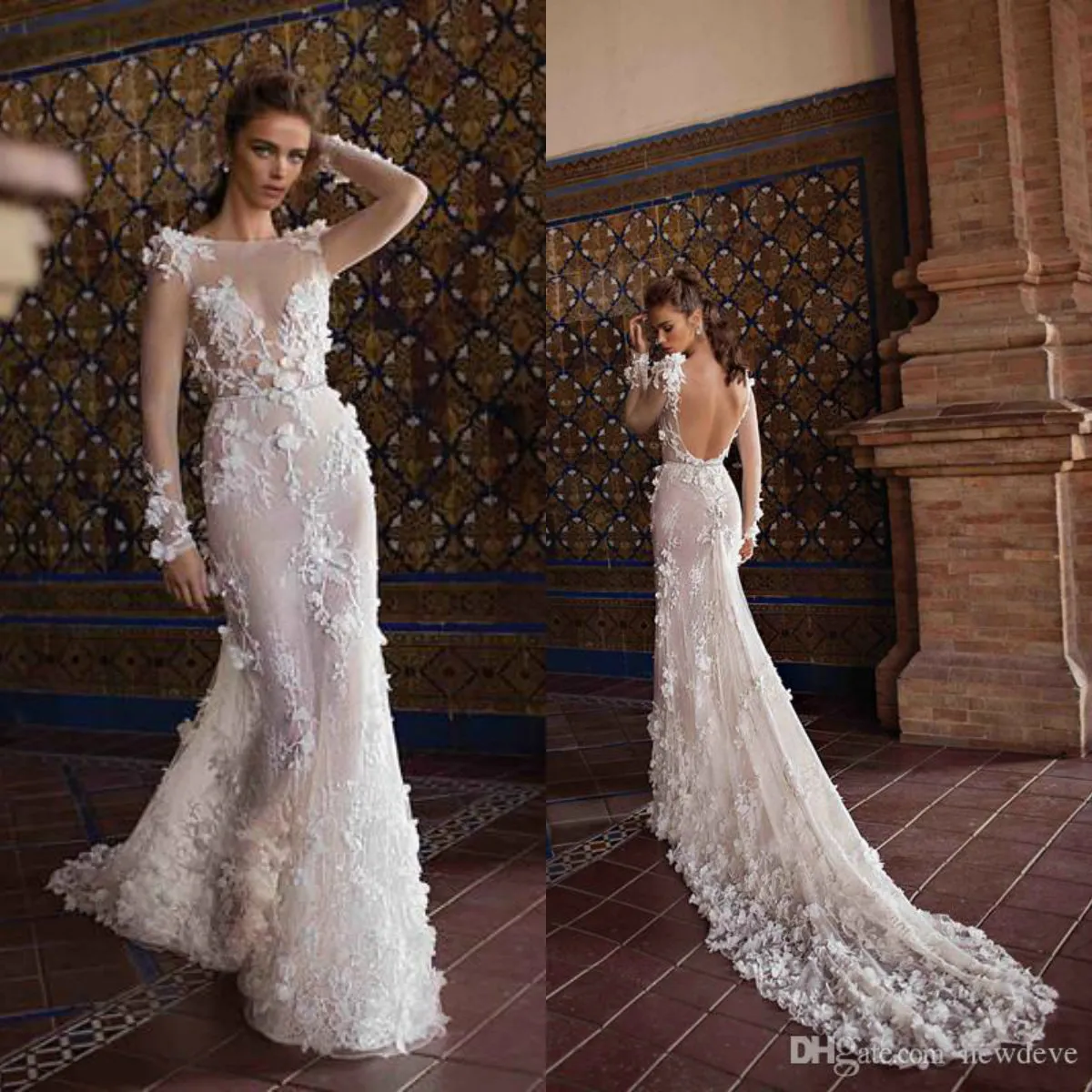 Berta Bröllopsklänningar Lace Appliques Sheer Long Sleeves Mermaid Bridal Gowns Sexig Backless Beach Bröllopsklänning med 3D-blommor