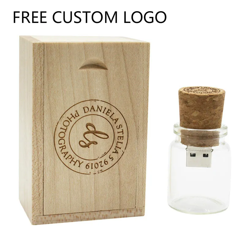 Glass Bottle USB Flash Drive Custom Logo 128GB Glass Drift Bottle with Cork Box Menory Disk 1/2/4/8/16/32/64gb Engrave Artwork Pendrive