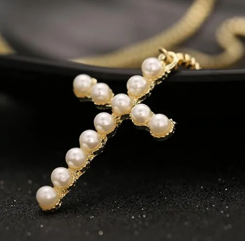 Ny! Pearl Cross Pendants halsband personlighet lång stil tröja kedja enkla vilda smycken xmas present mode 15st