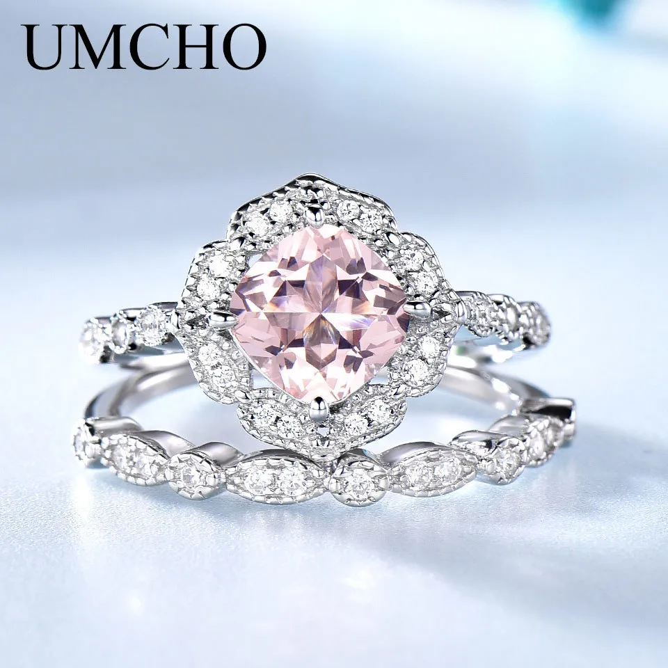 Umcho Solid Sterling Silver Morganite Pierścienie dla Kobiet Rocznica Zaręczyny Zestaw Ring Różowy Gemstone Walentynki Prezent LY191226